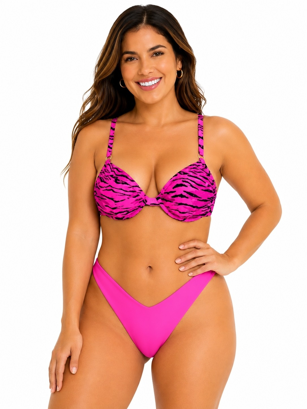 BODY GLOVE Hot Pink Tiger Print Underwire Bikini Top & Solid Bottom Swim Set XL